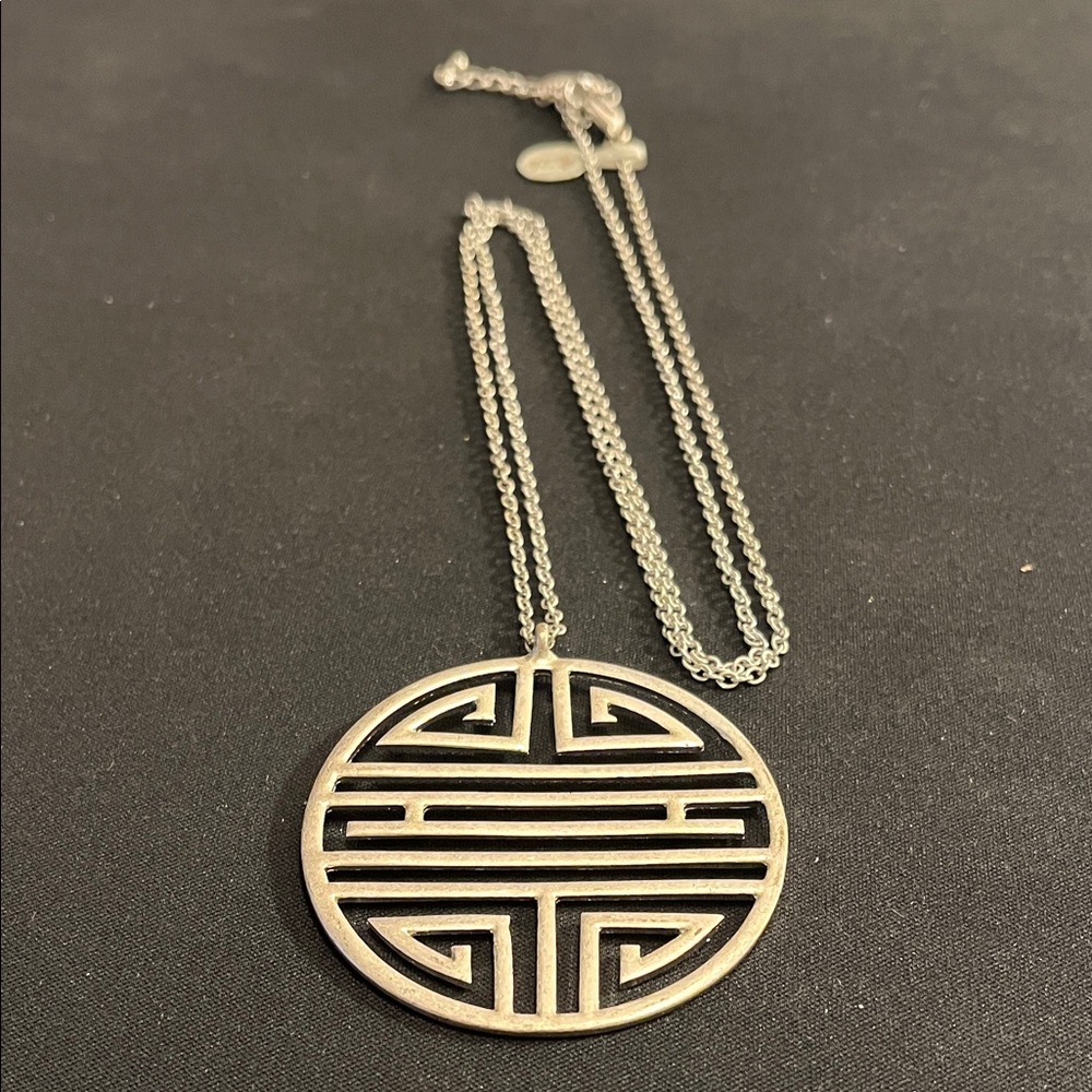Chinese Shou 寿 "Longevity" Symbol Oversize Silvertone Pendant and Chain